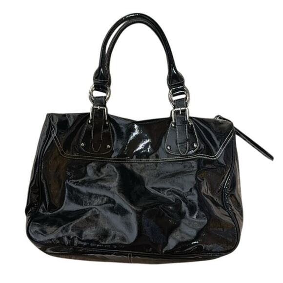 DNKY Black Patent Leather Y2K 80s Dark Academia Goth Handbag Purse Travel Bag - Picture 2 of 8